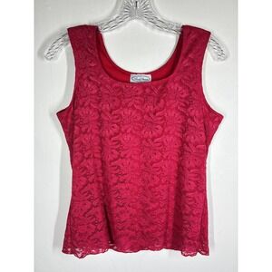 Vintage 90s Y2K Red Floral Lace Tank Top Medium Stretchy Whimsigoth Cyber Fairy